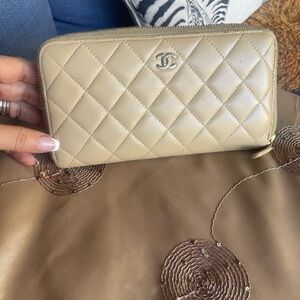 CHANEL Tan Quilted Zipper Wallet